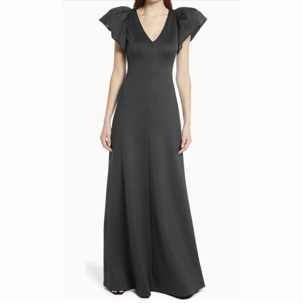 NWT Black Halo Eve Queen Puff Sleeve Maxi Dress  Gown in Black Size 2